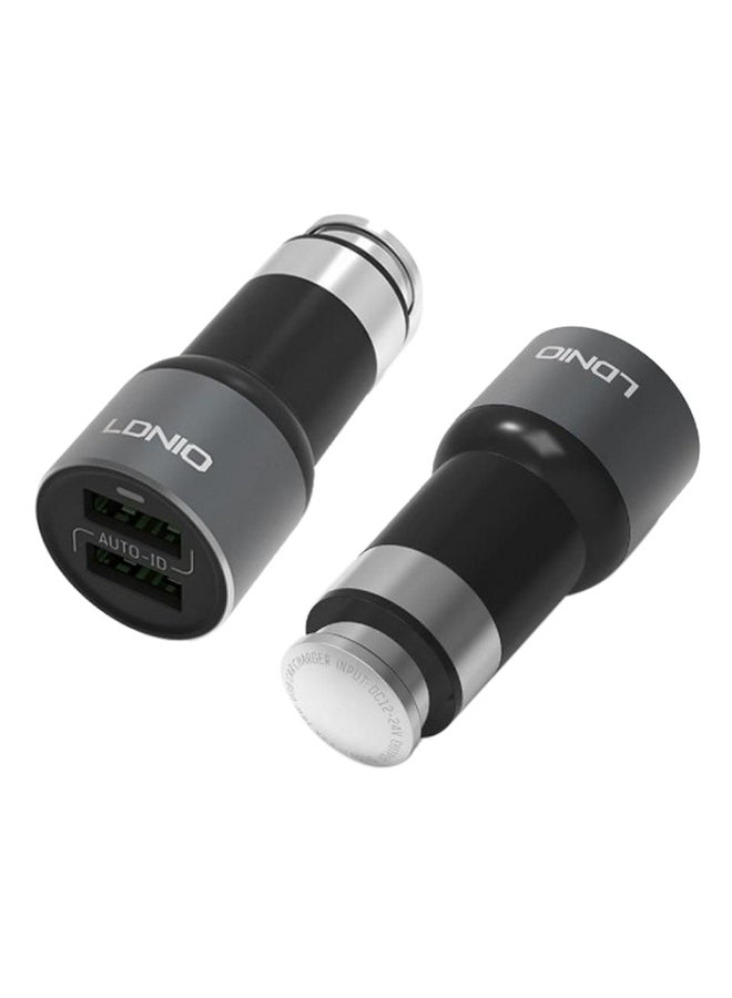شاحن سيارة بمنفذي USB أسود/فضي