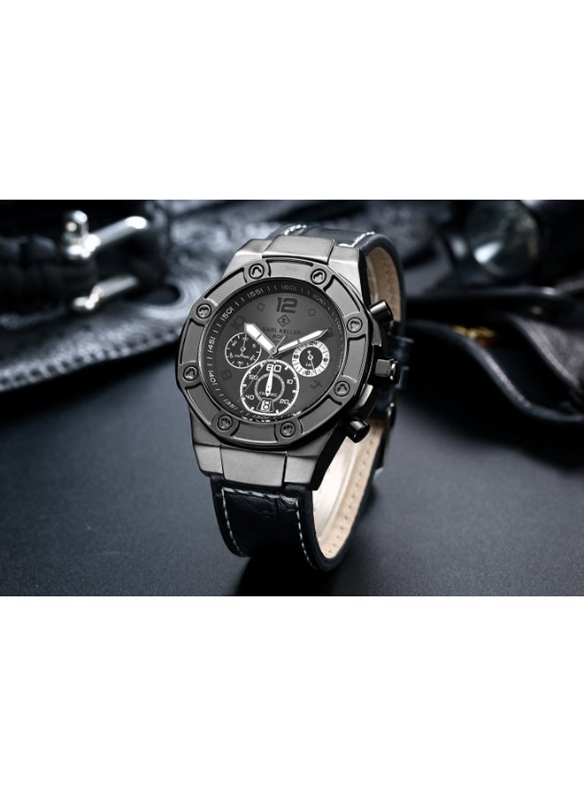 KARL KELLER men Leather Chronograph Watch KKNV1203 - 46 mm - Black - Image 2