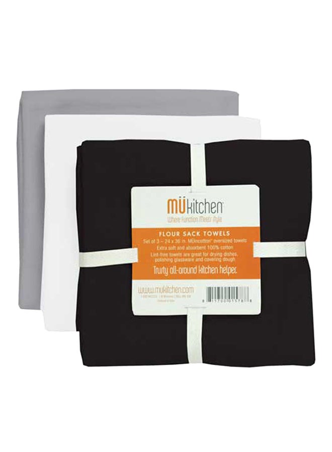 3-Piece Flour Sack Towel Set Grey/Black/White 24x36inch