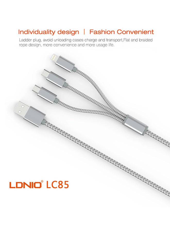 3-In-1 Data Sync Charging Cable With Port Silver