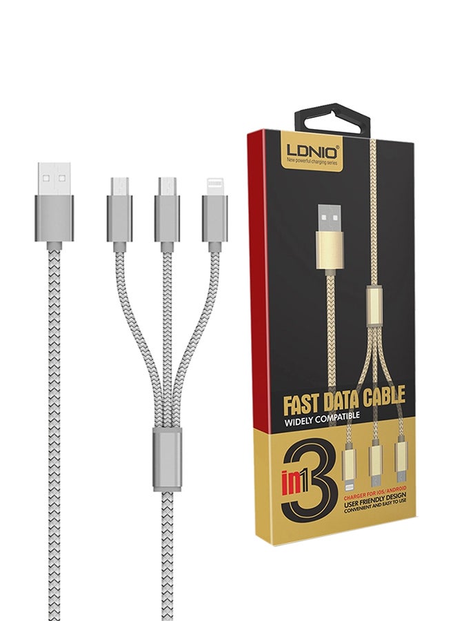 3-In-1 Data Sync Charging Cable With Port Silver
