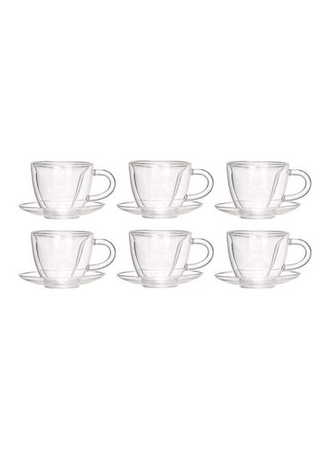 12-Piece Heart Shape Double Wall Cup And Saucer Set Clear 90ml