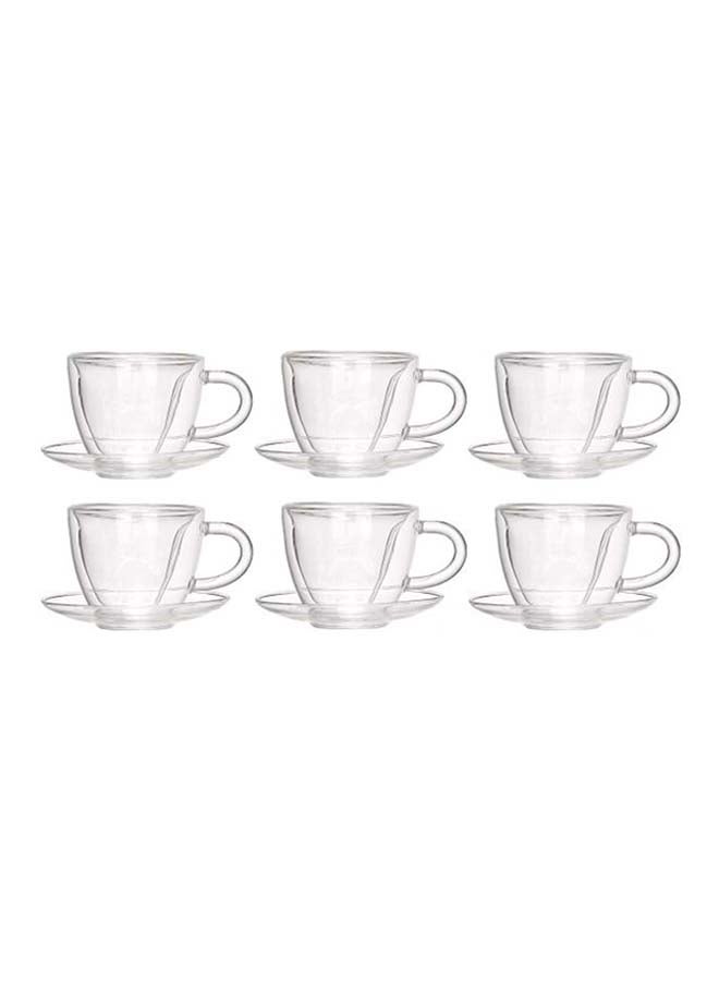 12-Piece Heart Shape Double Wall Cup And Saucer Set Clear 90ml