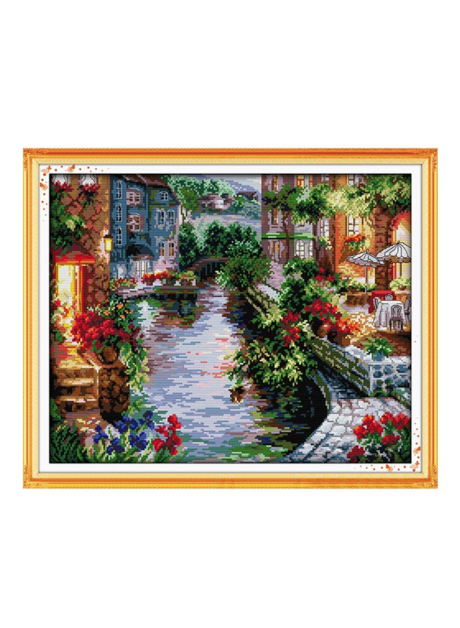 ANSELF DIY Lakeside Houses Pattern Needlework Embroidery Kit Green/Red/Brown - Image 1