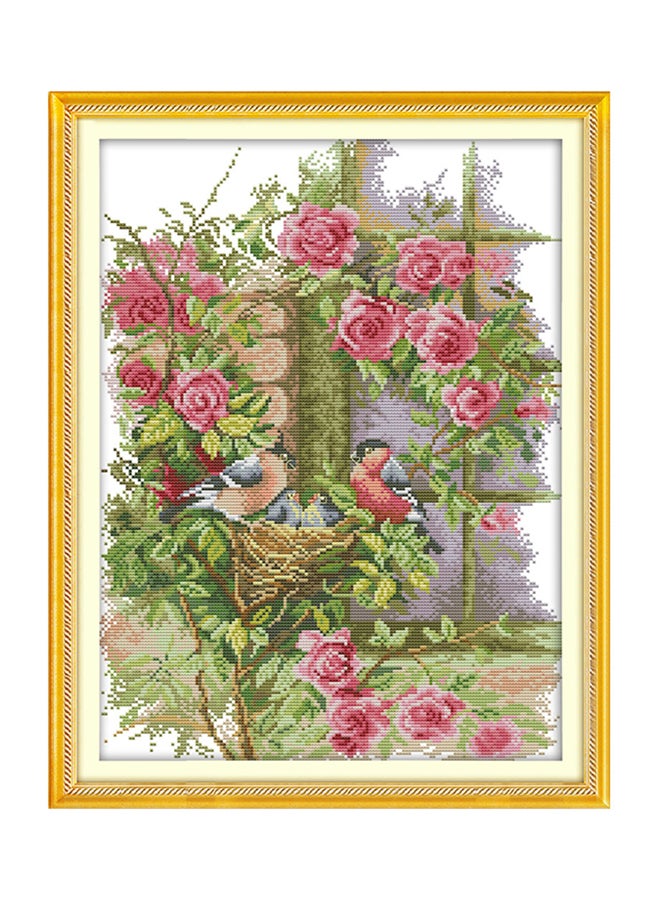 ANSELF DIY Birds Family Pattern Needlework Embroidery Kit Green/Pink/Brown - Image 1