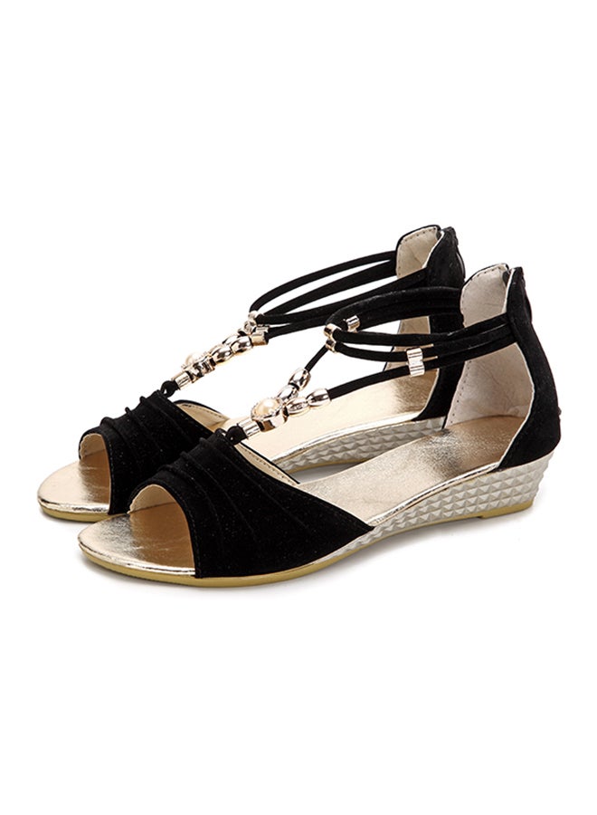 Generic - Beaded T-Strap Open Toe Wedges Black - Image 1