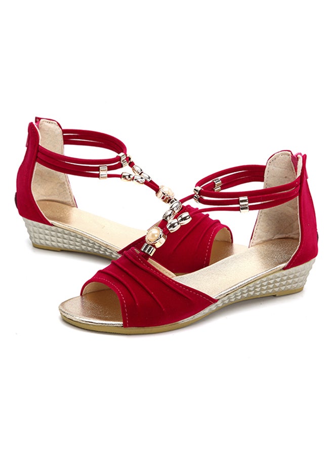 Generic - Beaded T-Strap Open Toe Wedges Red - Image 1