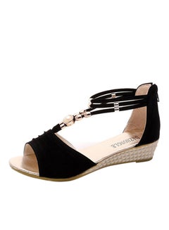 Beaded T-Strap Open Toe Wedges Black