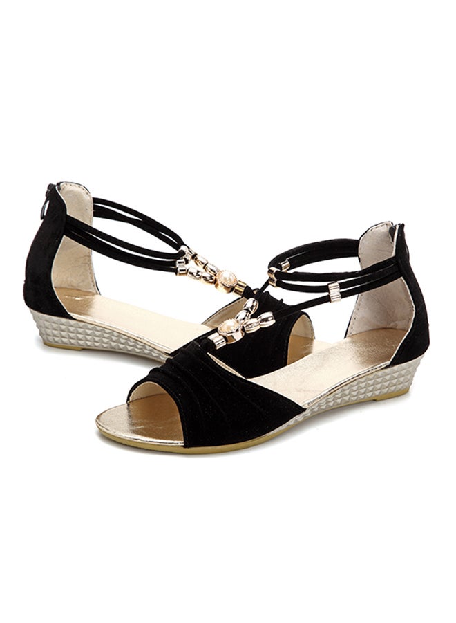 Generic - Beaded T-Strap Open Toe Wedges Black - Image 1