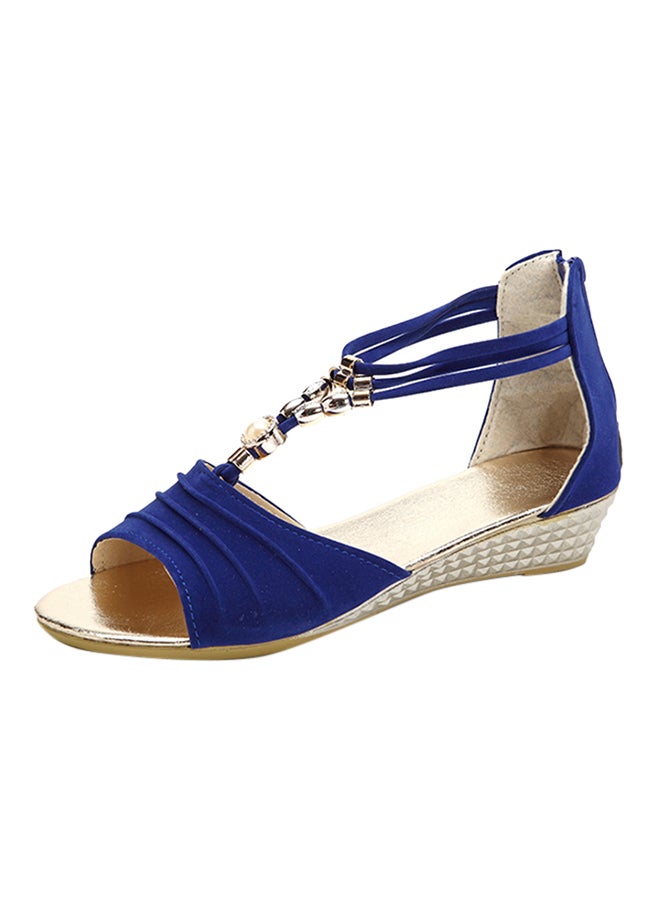 Beaded T-Strap Open Toe Wedges Blue  - Image 1