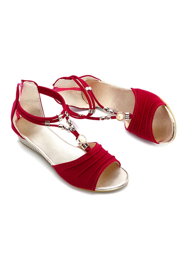 Generic - Beaded T-Strap Open Toe Wedges Red - Image 1