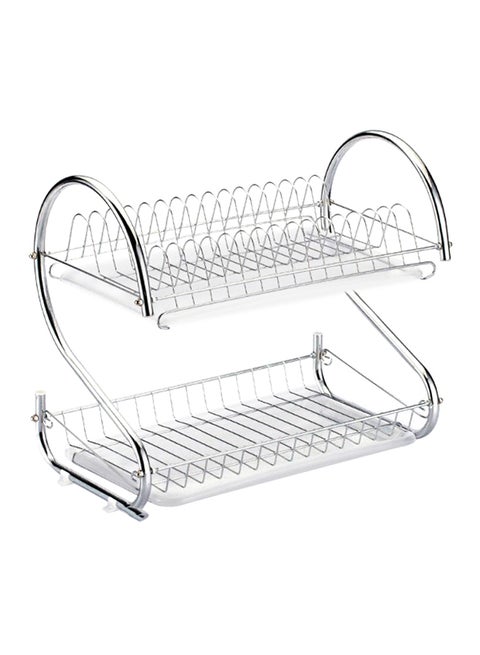 2-Tier Dish Drying Rack With Drain Board Silver 42x38cm