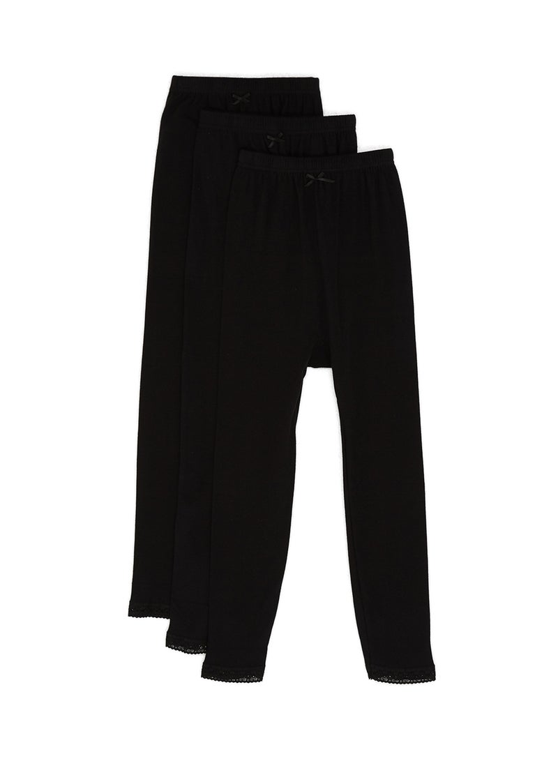 SLUGGER 3-Piece Cotton Leggings With Lace Trim Black  - Image 1