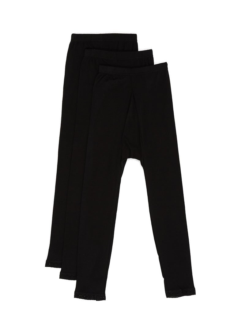 SLUGGER 3-Piece Cotton Leggings With Lace Trim Black  - Image 2