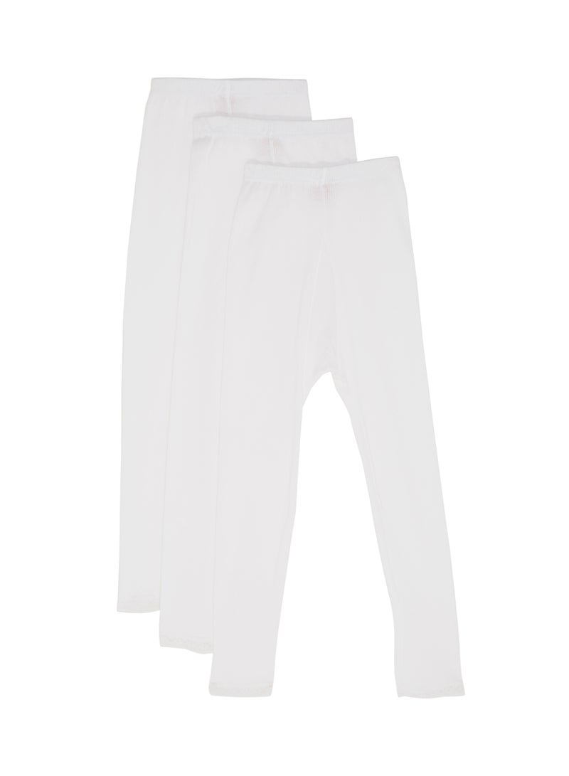 SLUGGER 3-Piece Striped Cotton Leggings With Lace Trim White  - Image 2