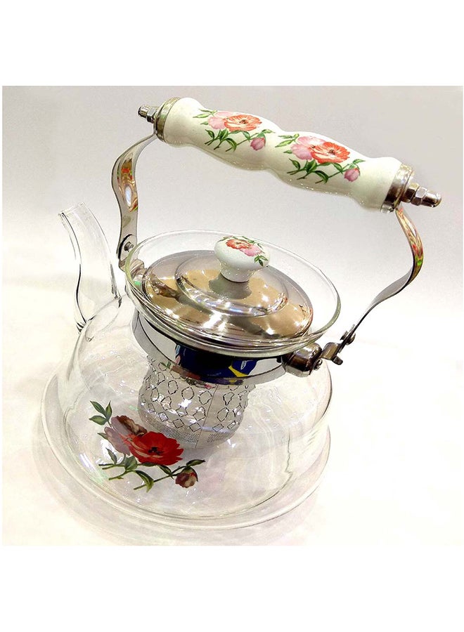 لي يينج إبريق الشاي بايركس مزود بمصفاة ومزين بنقشة الزهور شفاف/ فضي / أحمر 1.2لترات - Image 3