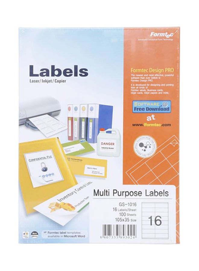Formtec 100-Sheets Label Per Sheet Box (16 Labels Per Sheet)