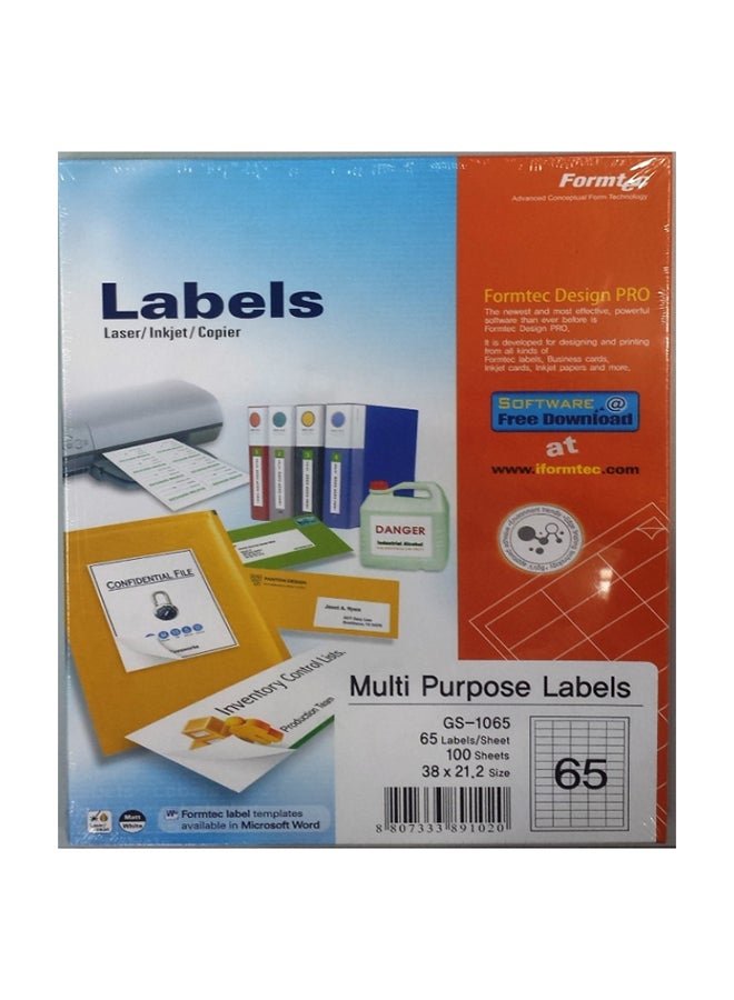 Formtec 100-Sheets Label Per Sheet Box (65 Labels Per Sheet)
