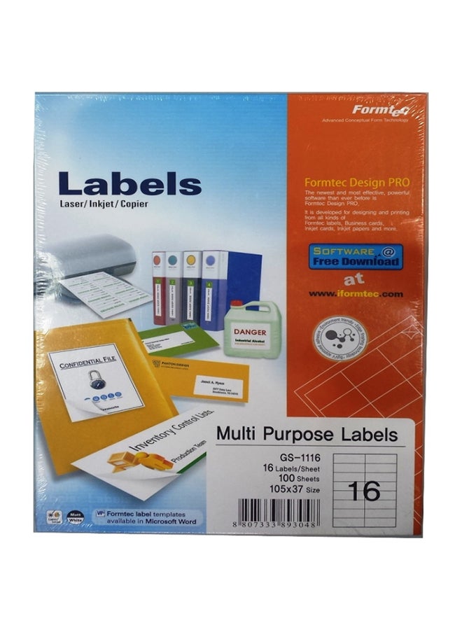 Formtec 100-Sheets Label Per Sheet Box (16 Labels Per Sheet)