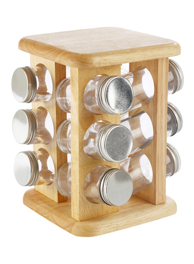 BILLI 12-Piece Spice Bottle With Lid And Rotating Stand Beige/Silver/Clear 15.5x15.5x22.5cm  - Image 1