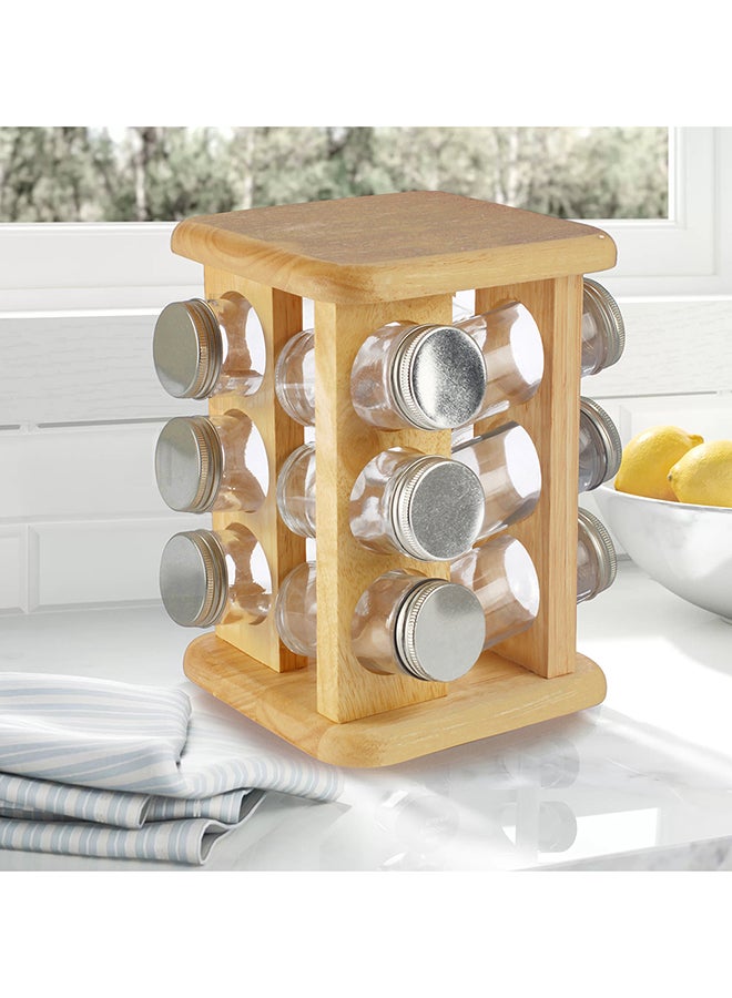 BILLI 12-Piece Spice Bottle With Lid And Rotating Stand Beige/Silver/Clear 15.5x15.5x22.5cm  - Image 2