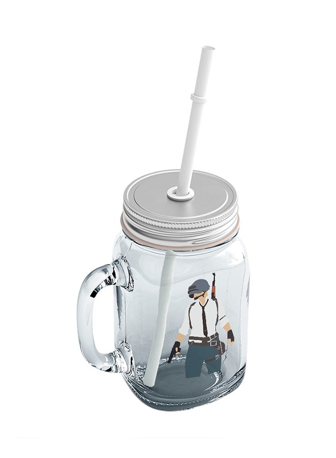 لاود يونيفيرس برطمان ميسون مزين برسمة اللاعب الحقيقي في لعبة PUBG ومزود بماصة شفاف/ أبيض/ رمادي - Image 2