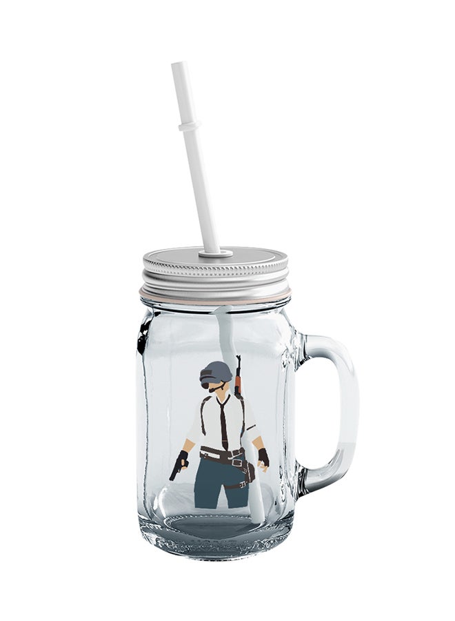 لاود يونيفيرس برطمان ميسون مزين برسمة اللاعب الحقيقي في لعبة PUBG ومزود بماصة شفاف/ أبيض/ رمادي - Image 1