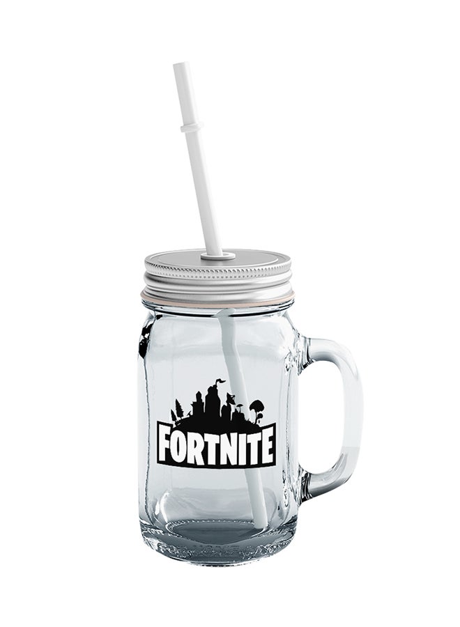 LOUD UNIVERSE Fortnite Logo Printed Mason Jar With Straw Clear/Silver/Black  - Image 1