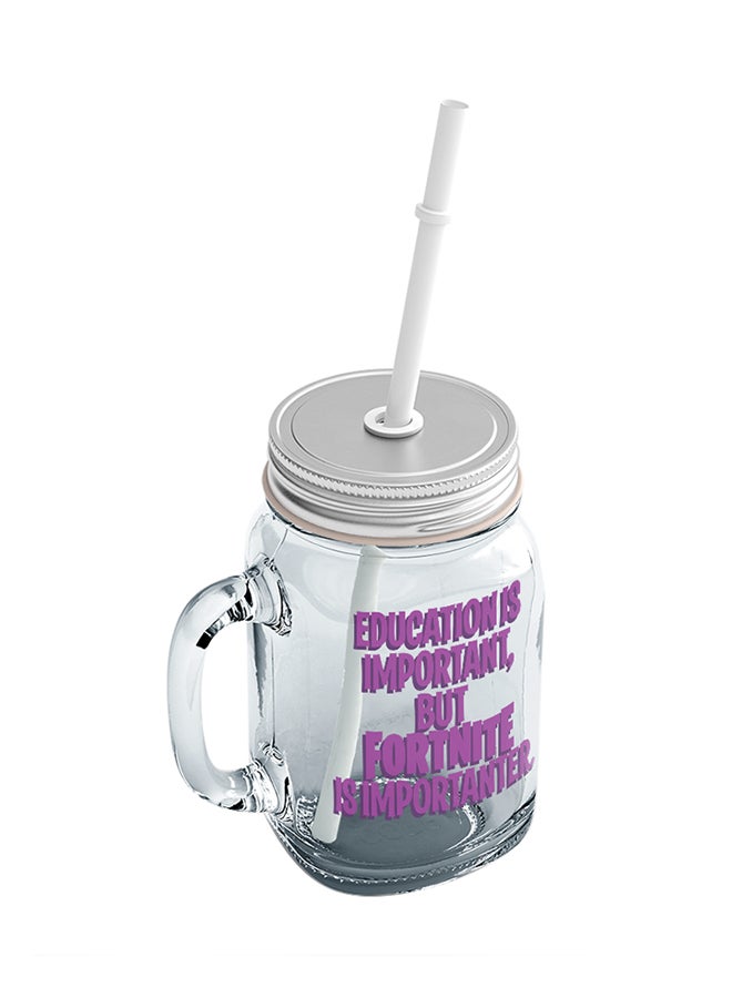 LOUD UNIVERSE - Education Is Important But Fortnite Is Importanter Printed Mason Jar With Straw Clear/Silver/Purple - Image 1
