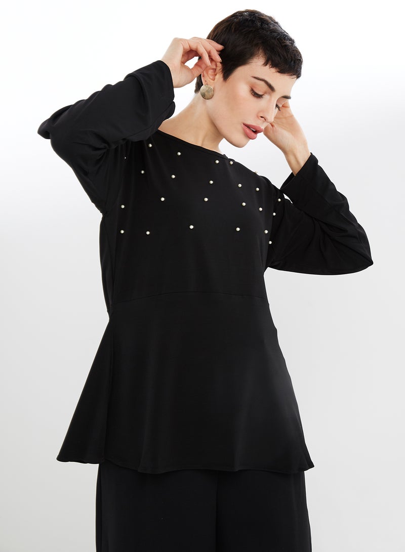 NUKHBAA - Pearl Embedded Long Sleeves Tunic Black - Image 1