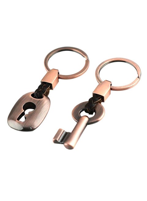 2-Piece Lock Key Style Leather Keychain Brown