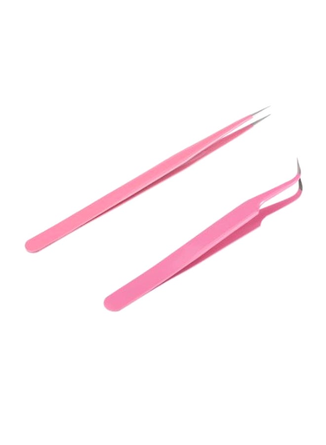 2-Piece Stainless Steel Straight Curved Tweezers Pink - Image 1