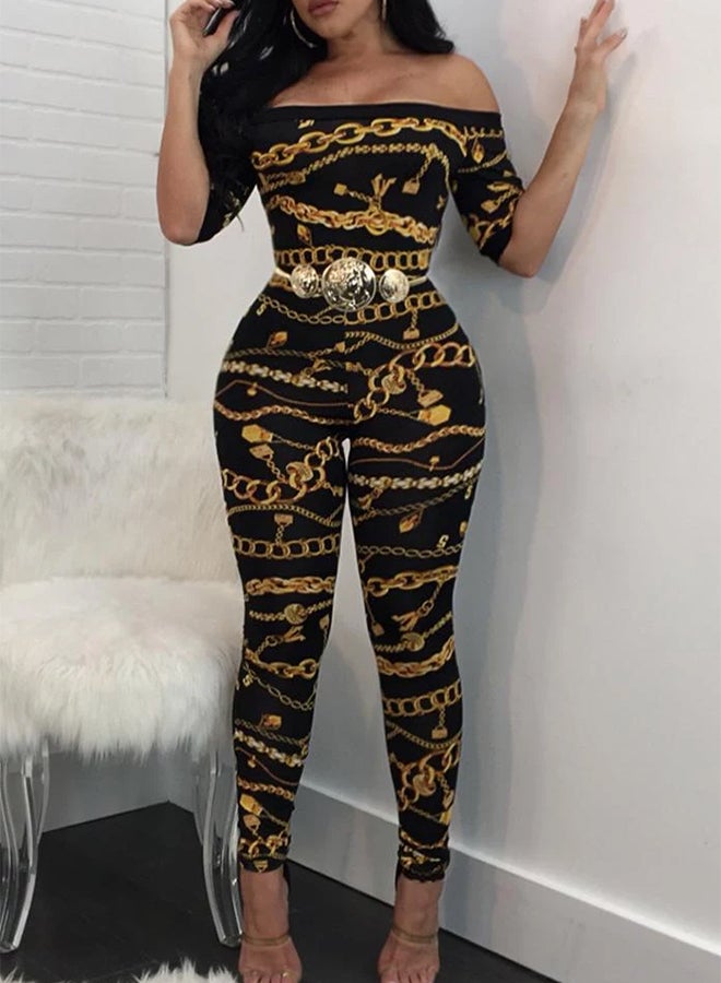 Off Shoulder Chain Print Jumpusuit Black/Gold  - Image 1