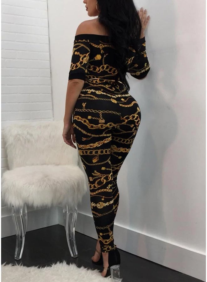 Off Shoulder Chain Print Jumpusuit Black/Gold  - Image 2