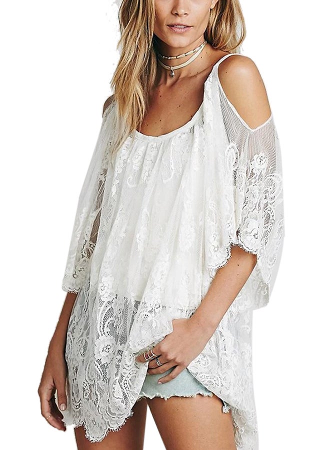 Vintage Women Boho Beach Dress Strap Sheer Floral Lace Round Neck Hippie Party Dress Swimsuit Cover Black/White,G1023W-L,L,white White  - Image 1