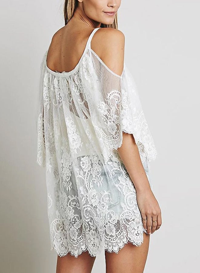 Vintage Women Boho Beach Dress Strap Sheer Floral Lace Round Neck Hippie Party Dress Swimsuit Cover Black/White,G1023W-L,L,white White  - Image 2