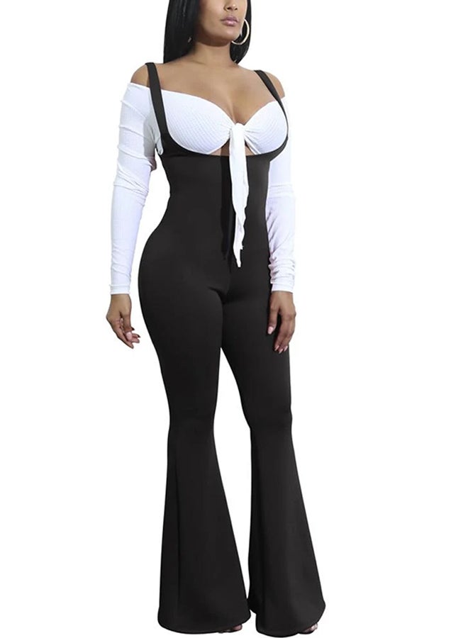 Solid Open Back Wide Flared Legs Bell Bottom Jumpsuit Black/White - Image 1