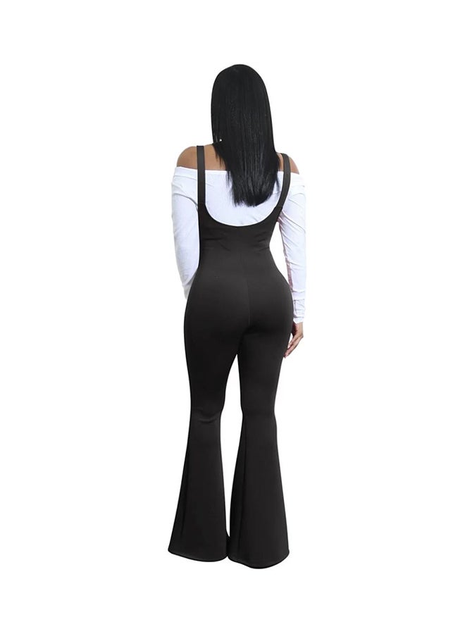 Solid Open Back Wide Flared Legs Bell Bottom Jumpsuit Black/White - Image 2