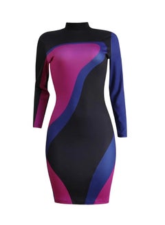 Generic Sequin Color Block Contrast High Neck Bodycon Mini Dress Black/Purple/Navy  - Image 1