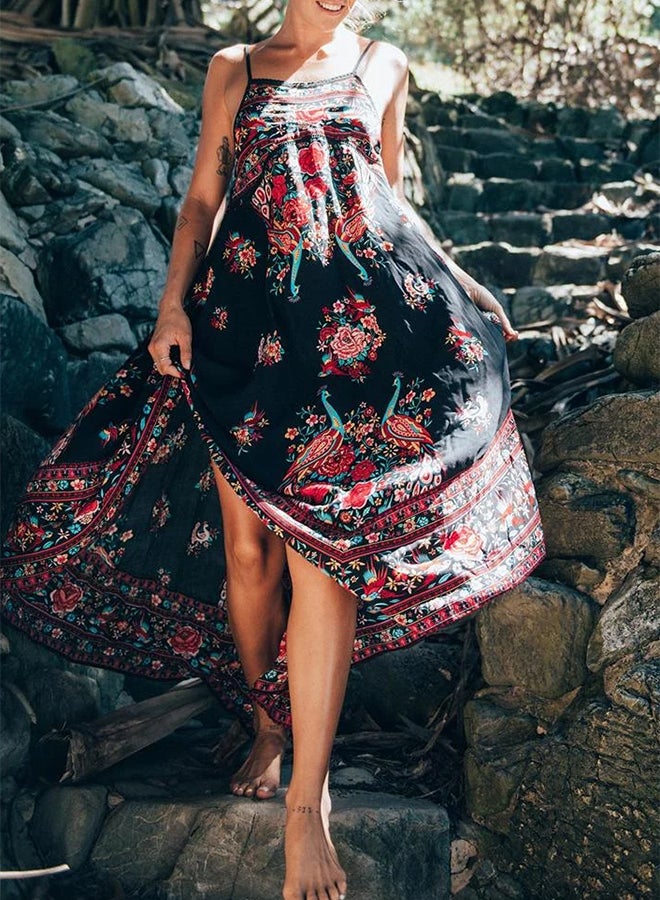 فستان فينتاج طويل بتصميم بوهيمي وطبعة الزهور أسود - Image 3