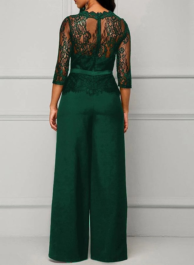 Generic - Lace Splice Three Quarter Sleeve Jumpsuit Green - Image 1