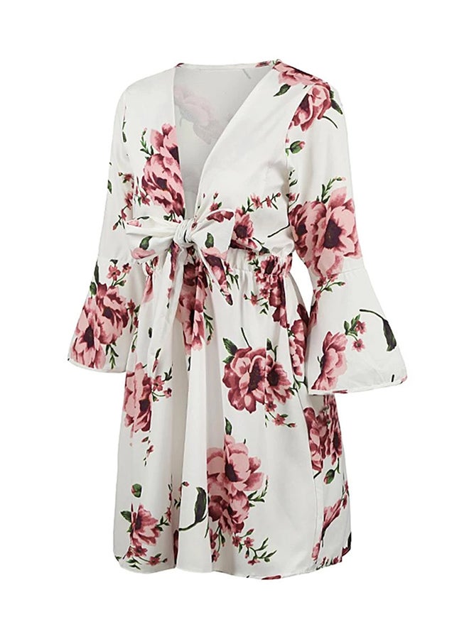 Floral Print Dress Deep V-Neck Flare Sleeves Bandage Elastic Waist Dress White  - Image 1