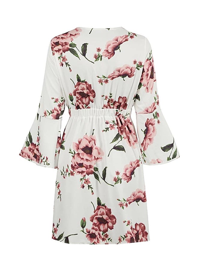 Floral Print Dress Deep V-Neck Flare Sleeves Bandage Elastic Waist Dress White  - Image 2