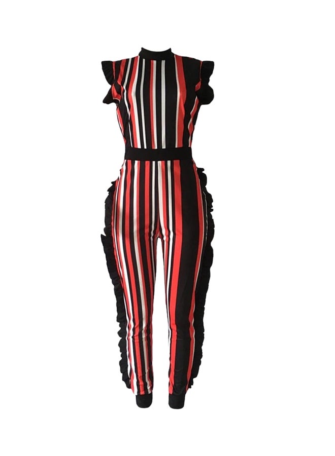 Bodycon Striped Ruffle Sleeveless Zipper Jumpsuit Black/Orange/White - Image 1