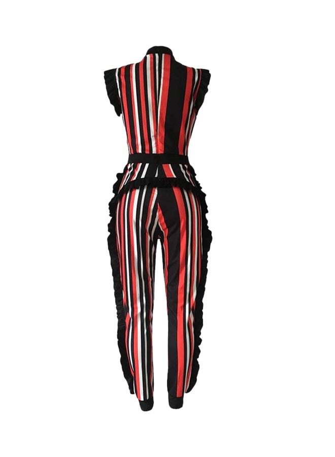 Bodycon Striped Ruffle Sleeveless Zipper Jumpsuit Black/Orange/White - Image 2