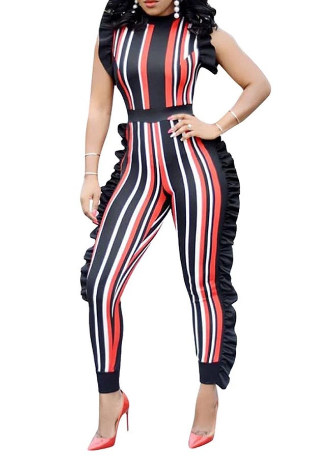 Bodycon Striped Ruffle Sleeveless Zipper Jumpsuit Black/Orange/White - Image 3