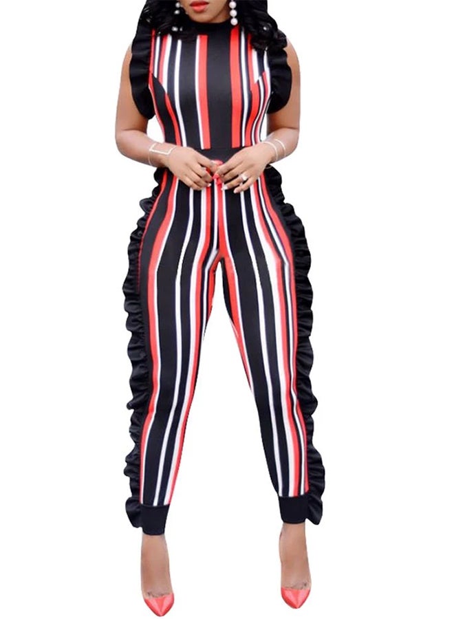 Bodycon Striped Ruffle Sleeveless Zipper Jumpsuit Black/Orange/White - Image 4