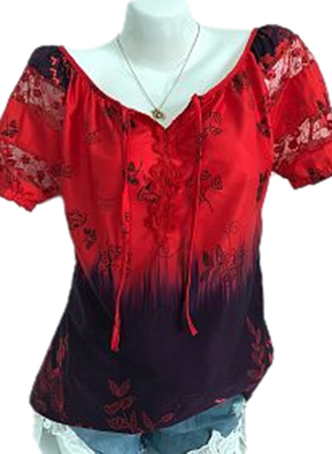 Floral Printed Short Sleeves Lace Insert Tie Front Boho Top Red 