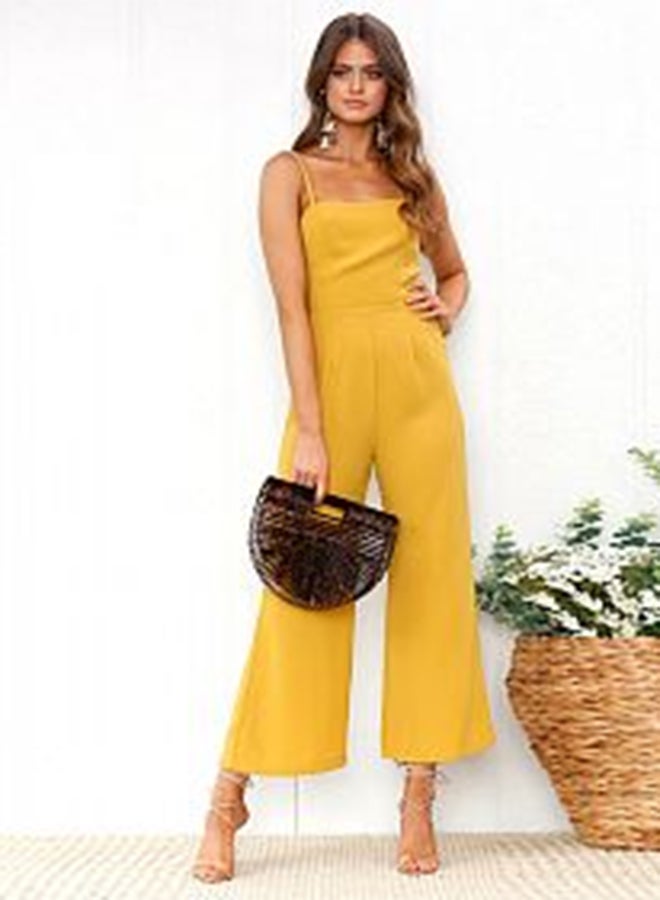Solid Spaghetti Strap Wide Leg Loose Pants Jumpsuit Yellow  - Image 3