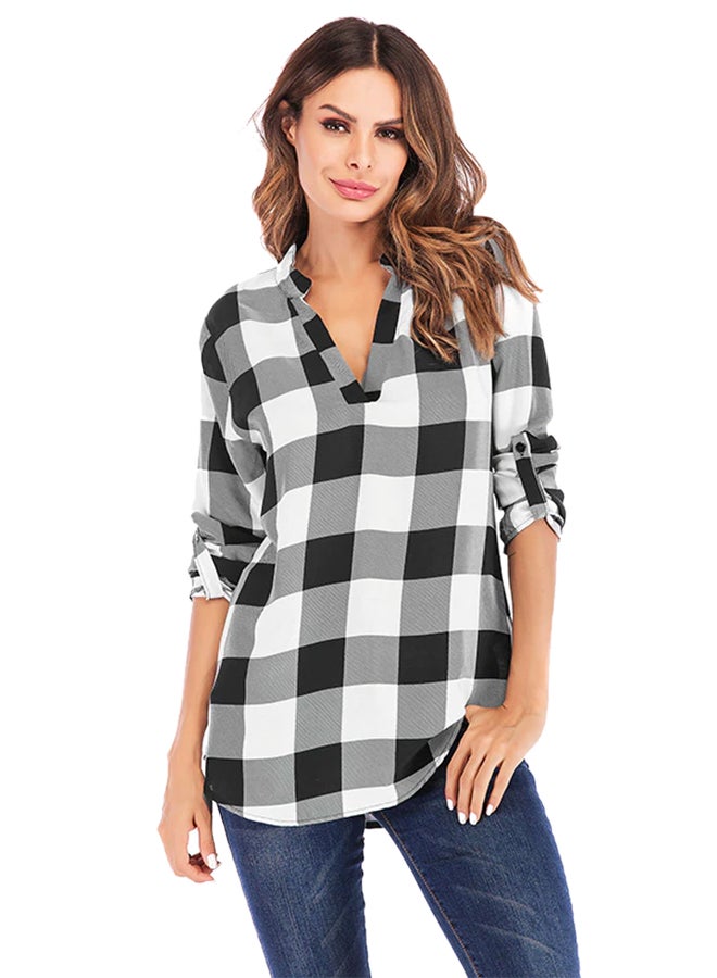 Plaid Loose V-Neck Roll-up Sleeves Shirt Black/White  - Image 1